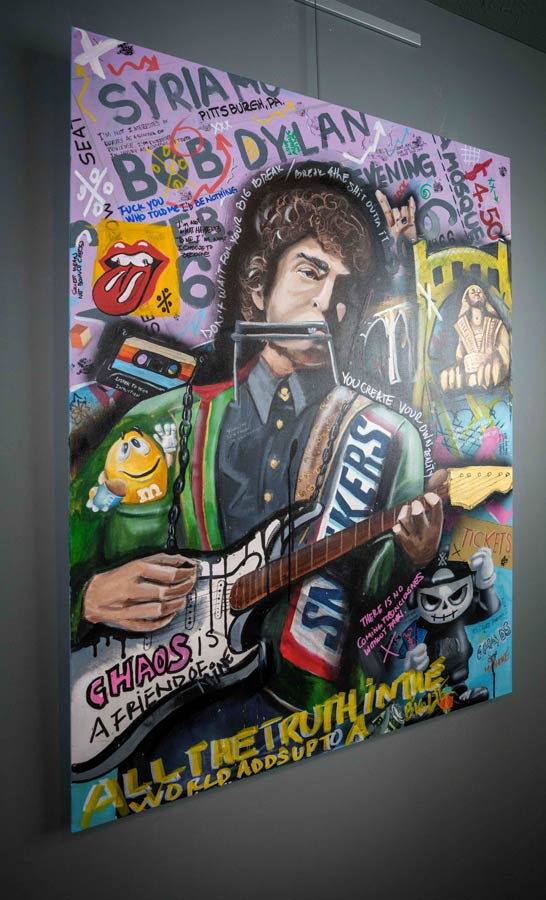 Dylan Visits Pittsburgh — detail view, original acrylic painting by Mads Suquet