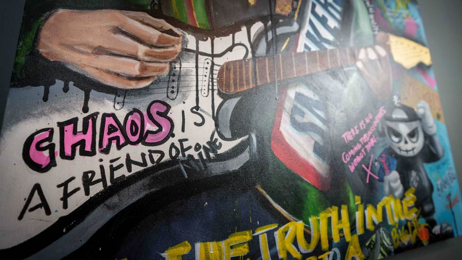 Dylan Visits Pittsburgh — detail view, original acrylic painting by Mads Suquet