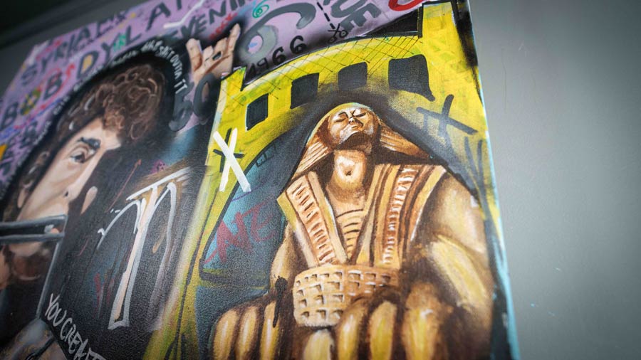 Dylan Visits Pittsburgh — detail view, original acrylic painting by Mads Suquet