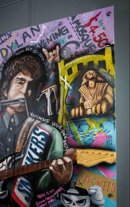 Dylan Visits Pittsburgh — detail view, original acrylic painting by Mads Suquet