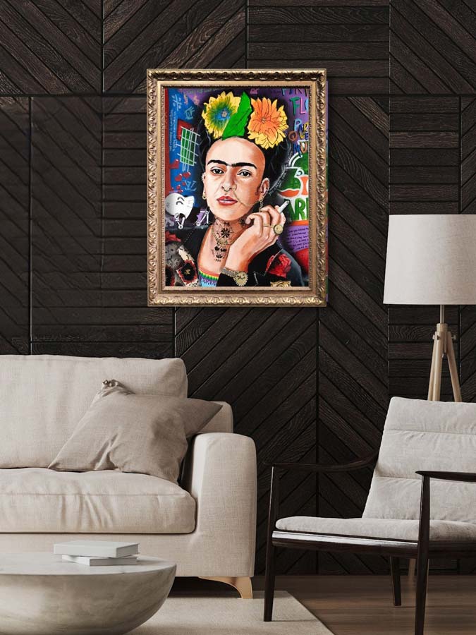 Frida Kahlo — detail view, original acrylic painting by Mads Suquet