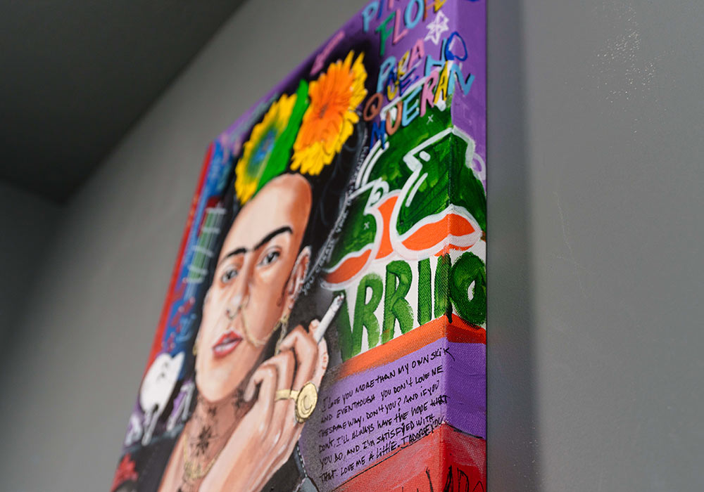 Frida Kahlo — detail view, original acrylic painting by Mads Suquet