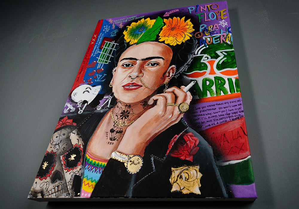 Frida Kahlo — detail view, original acrylic painting by Mads Suquet