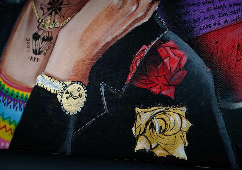 Frida Kahlo — detail view, original acrylic painting by Mads Suquet