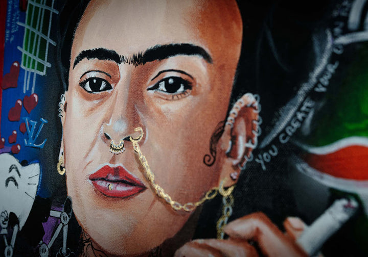 Frida Kahlo — detail view, original acrylic painting by Mads Suquet