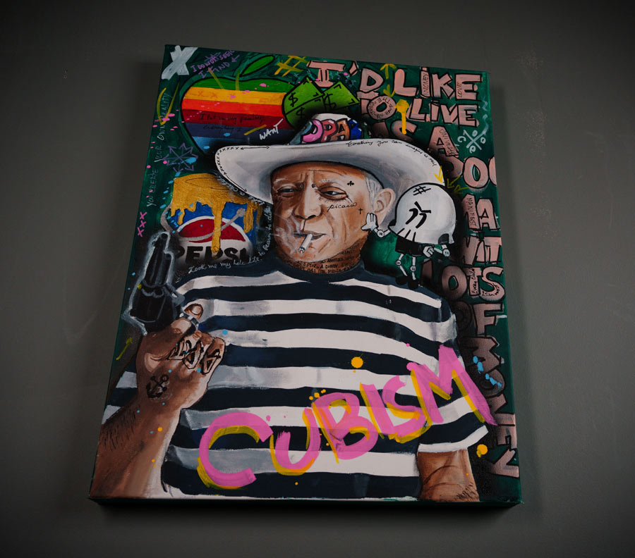 Picasso's Chaos — detail view, original acrylic painting by Mads Suquet