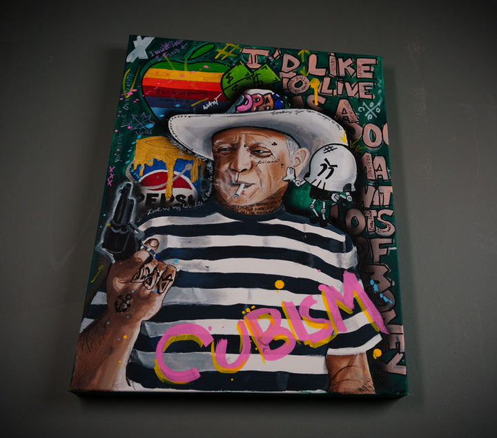 Picasso's Chaos — detail view, original acrylic painting by Mads Suquet