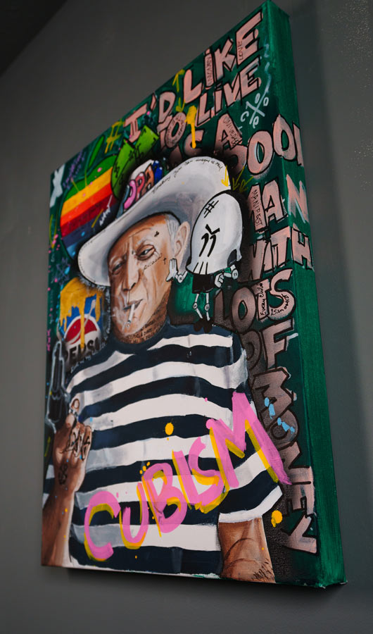 Picasso's Chaos — detail view, original acrylic painting by Mads Suquet