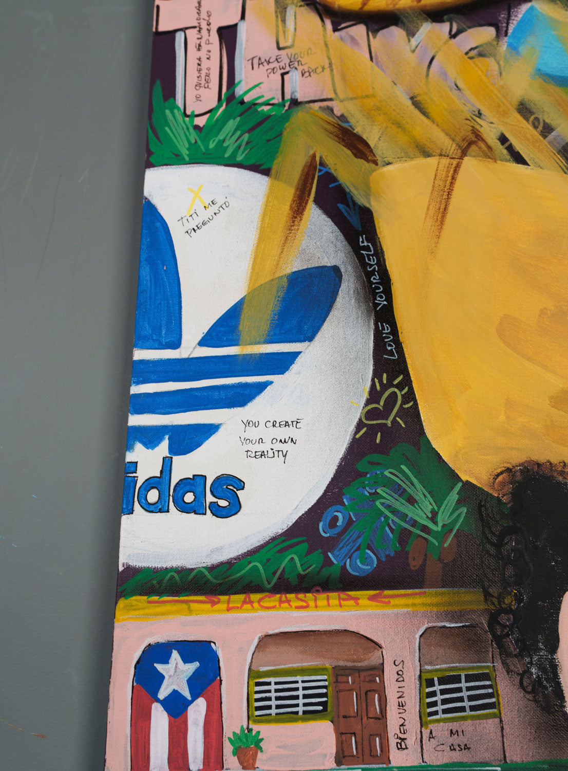 Bad Bunny 'Love > Hate' — detail view, original acrylic painting by Mads Suquet