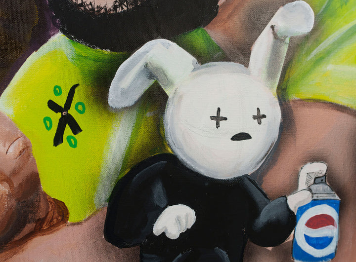 Bad Bunny 'Love > Hate' — detail view, original acrylic painting by Mads Suquet