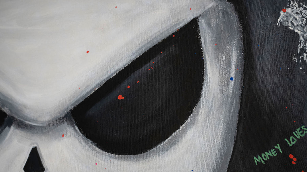 Canceling the BS — detail view, original acrylic painting by Mads Suquet