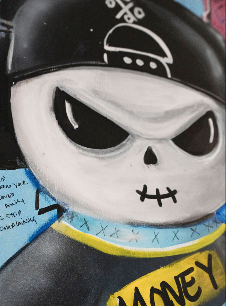 Money Ain't It — detail view, original acrylic painting by Mads Suquet