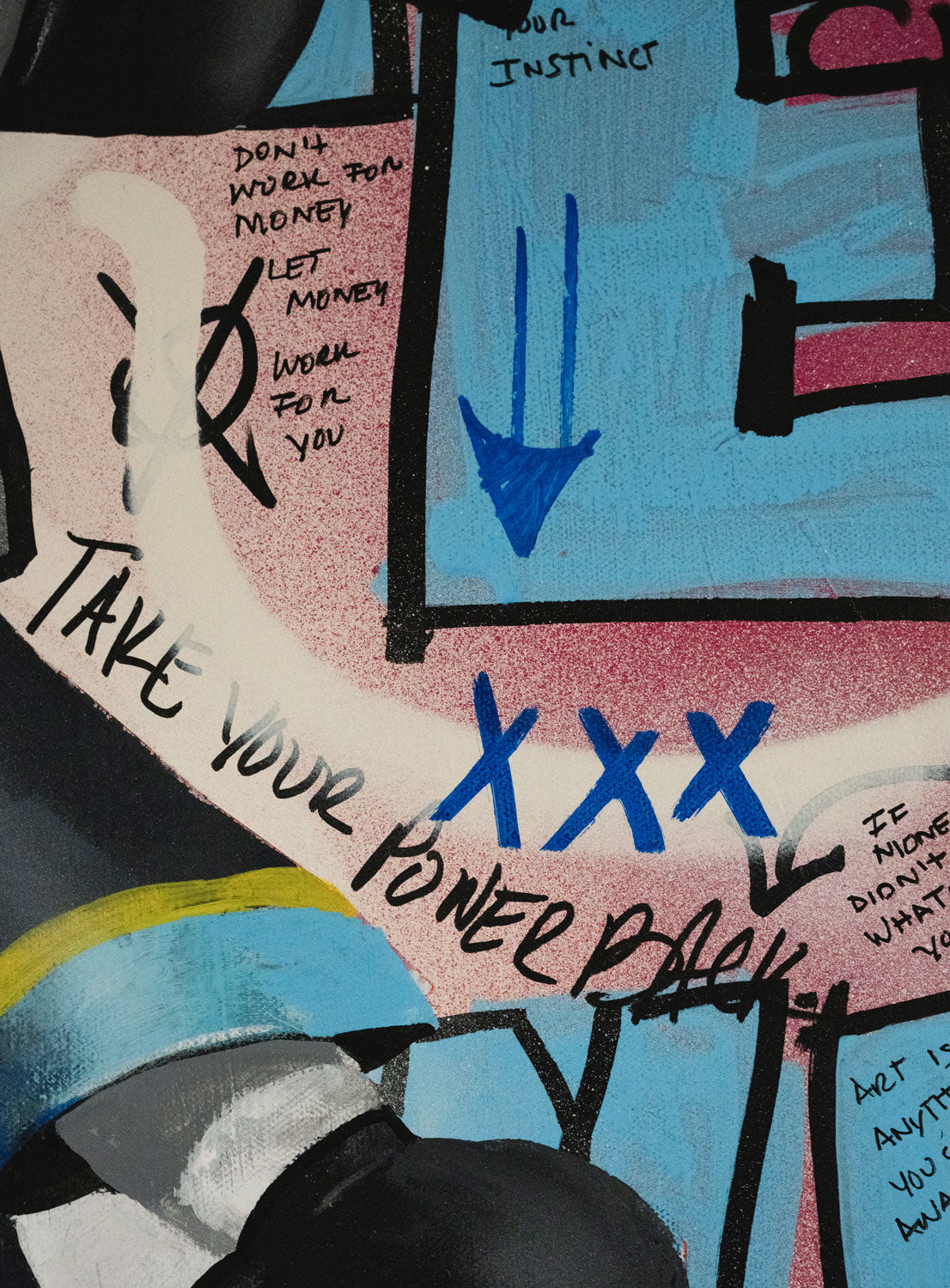 Money Ain't It — detail view, original acrylic painting by Mads Suquet