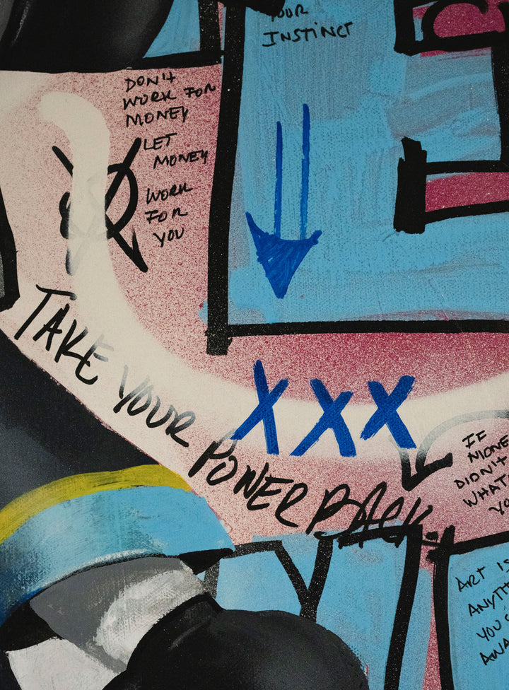 Money Ain't It — detail view, original acrylic painting by Mads Suquet