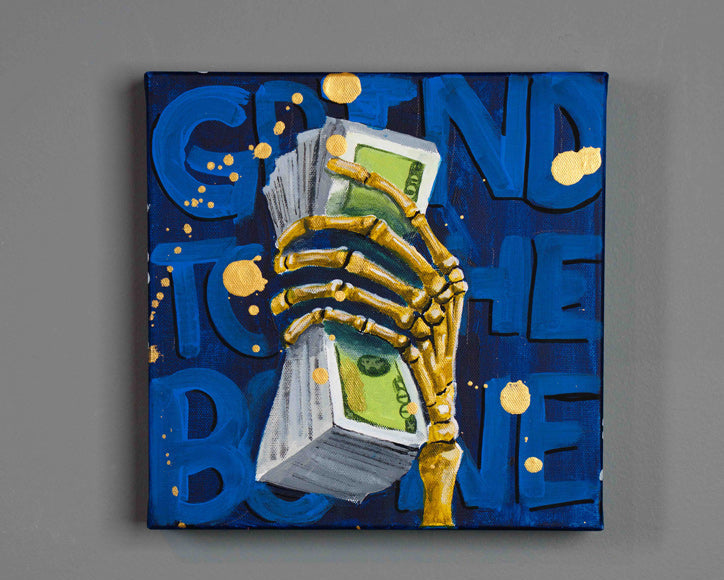 Grind to the Bone — detail view, original acrylic painting by Mads Suquet