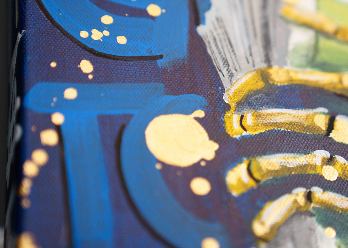 Grind to the Bone — detail view, original acrylic painting by Mads Suquet