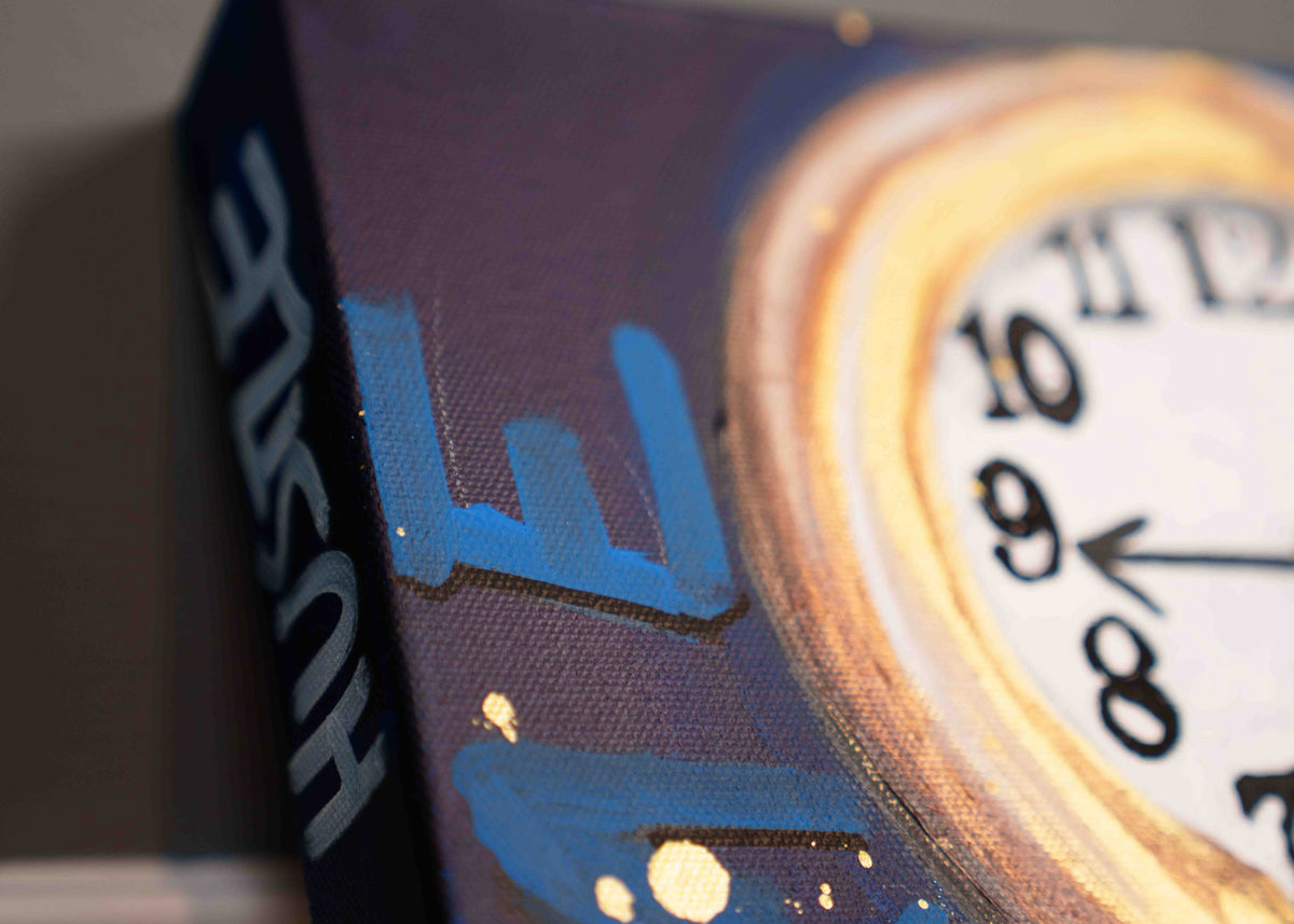 Time Is Money — detail view, original acrylic painting by Mads Suquet