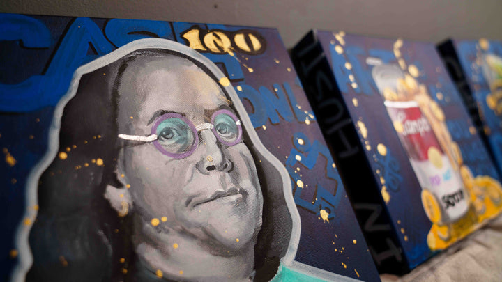 Cash Only — detail view, original acrylic painting by Mads Suquet