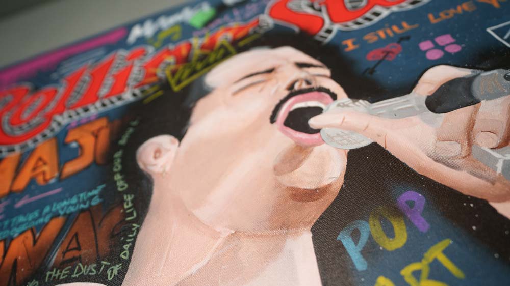 Freddie Mercury — detail view, original acrylic painting by Mads Suquet
