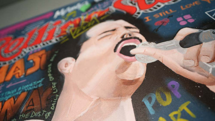 Freddie Mercury — detail view, original acrylic painting by Mads Suquet