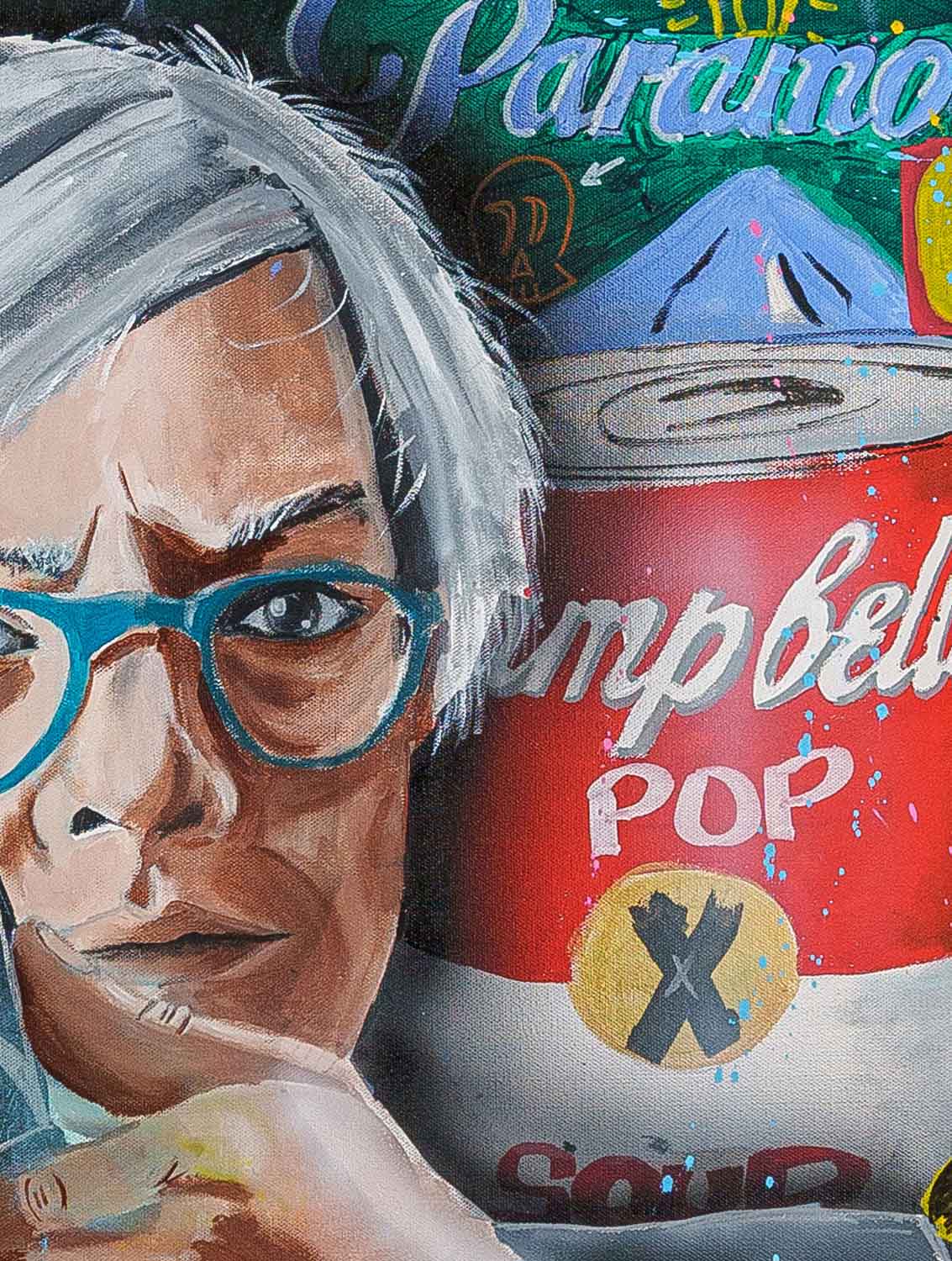 Warhol's World — detail view, original acrylic painting by Mads Suquet